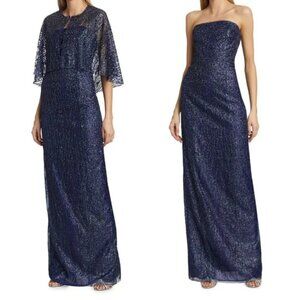 MARCHESA NOTTE $1200 Sequin Strapless Column Gown w/ Mesh Cape Navy Blue, Size 8